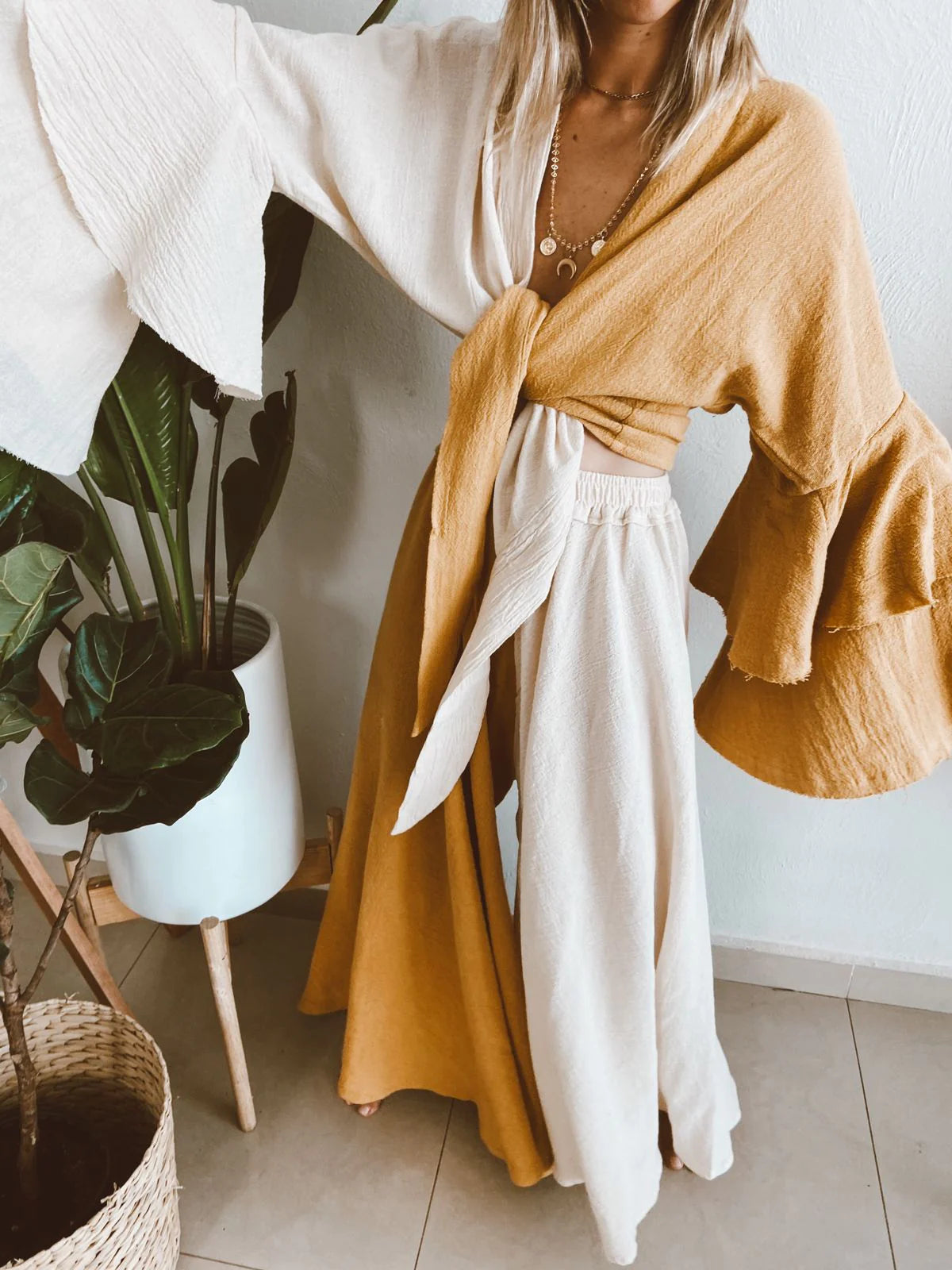 Eugenia Bicolor Mustard and Ecru Trousers 